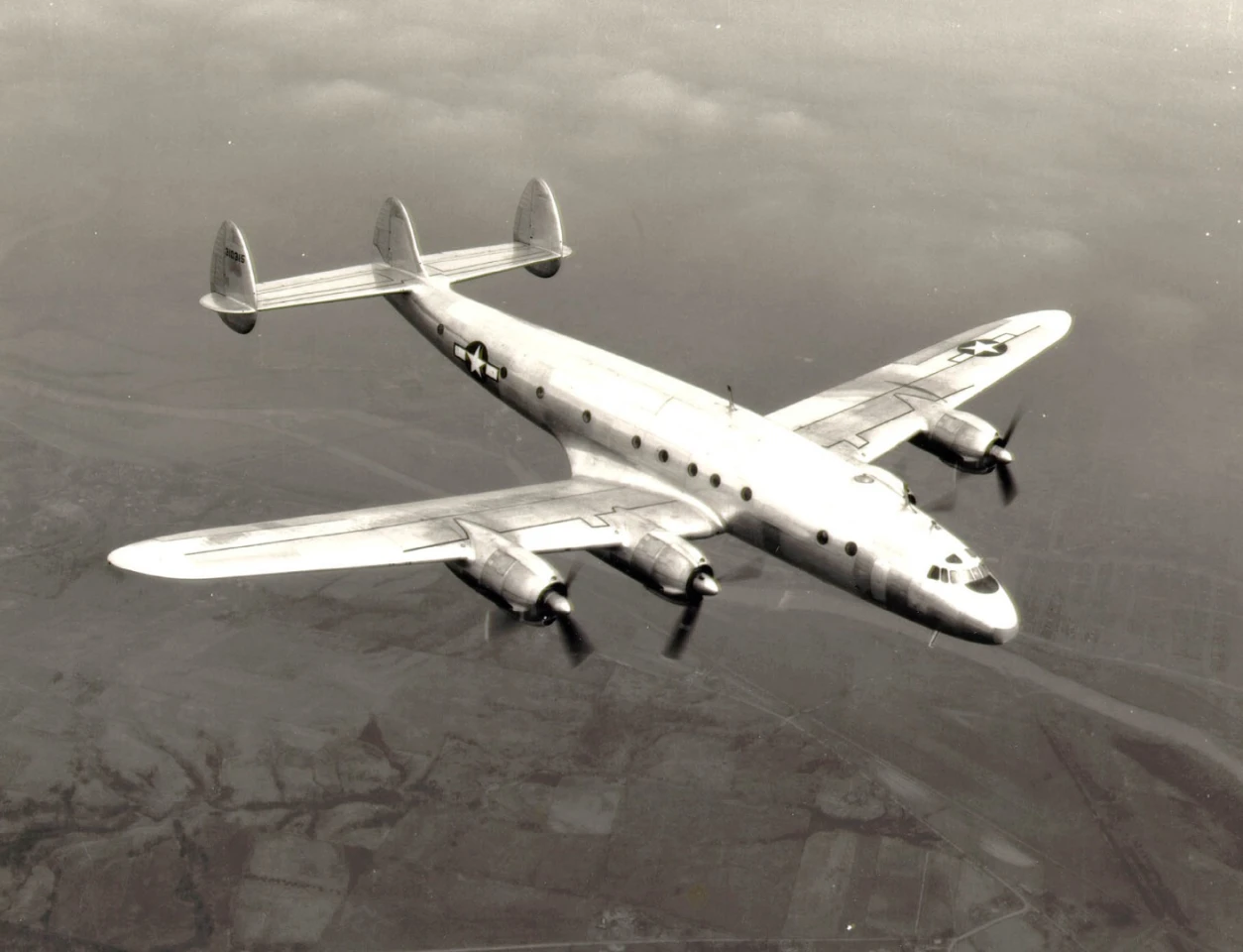 The stunning Constellation, nicknamed Connie for short, was conceived by the Lockheed Corporation in 1939 to exceed the needs of one man: business magnate Howard Hughes. The goal was to build a plane that would, according to then chief research engineer Kelly Johnson "carry more people farther and faster than ever before, and economically enough to broaden the acceptance of flying as an alternative to train, ship and automobile." It was built between 1943 and 1958, but served into the 1990s. It was the first plane to bear the callsign Air Force One, for President Eisenhower. Pictured is the USAF C-69 military version, showing the Constellation's unmistakable triple tail.