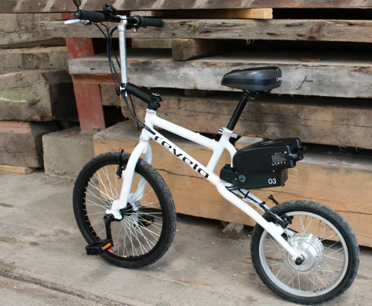 In its current form, the bike has a 250-watt geared brushless hub motor in its 16-inch rear wheel, powered by a lockable 36-volt 10-Ah lithium battery