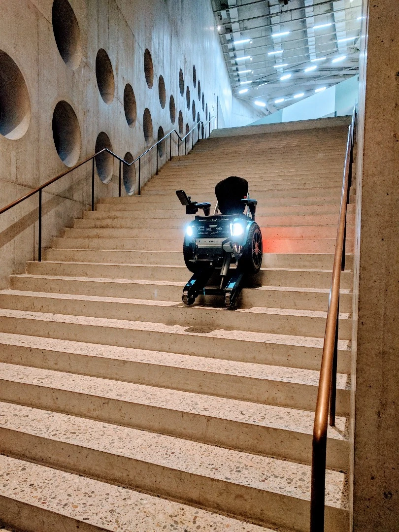 The Scewo rides up and down stairs with ease