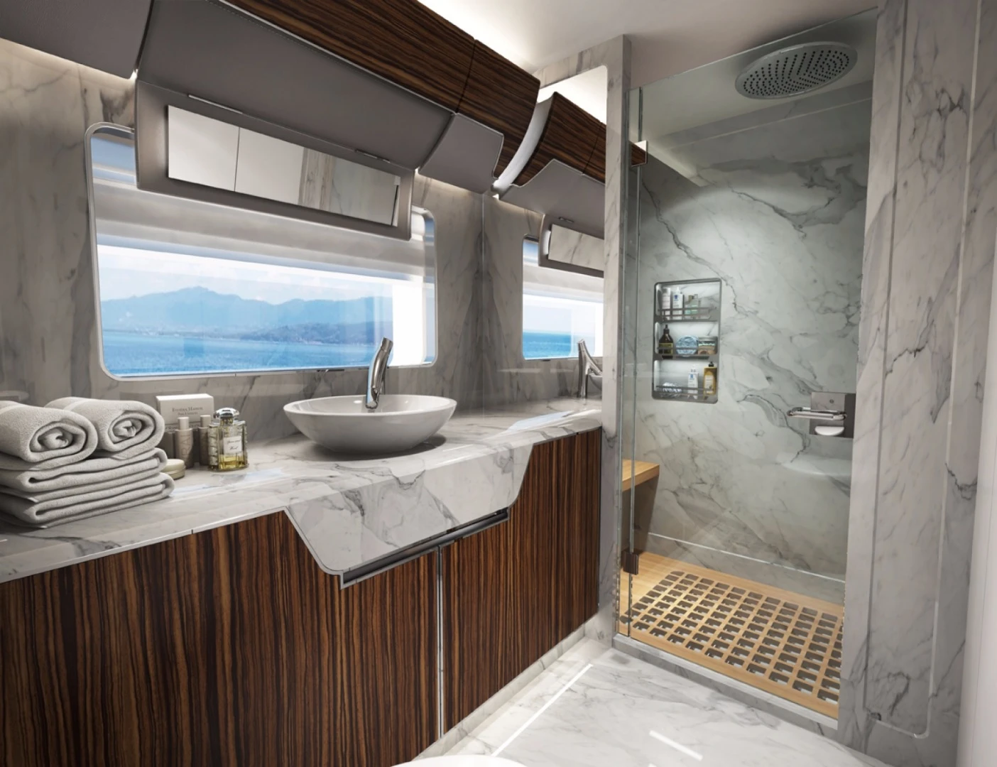 The Aeroboat S6 shower room