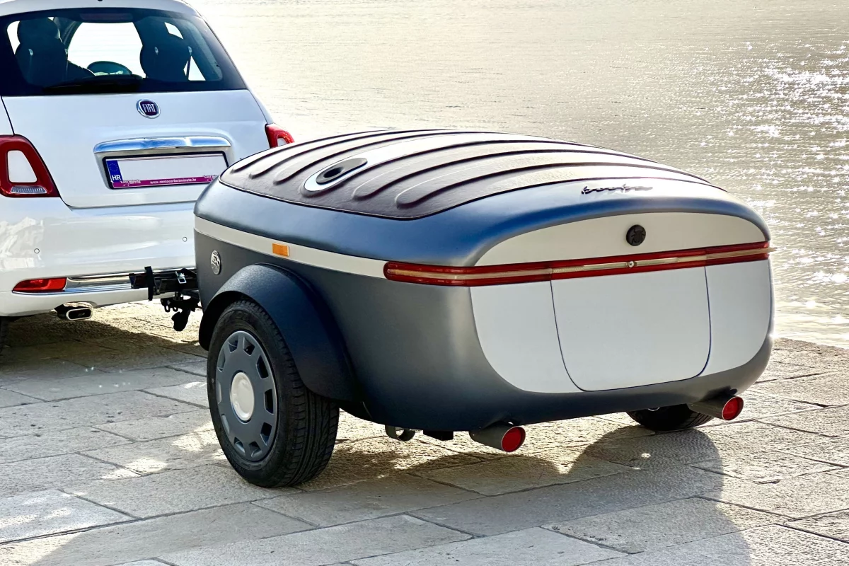 At 530 lb to start, the Urbanoid Booba is designed to be towed by the smallest cars, including this Fiat 500