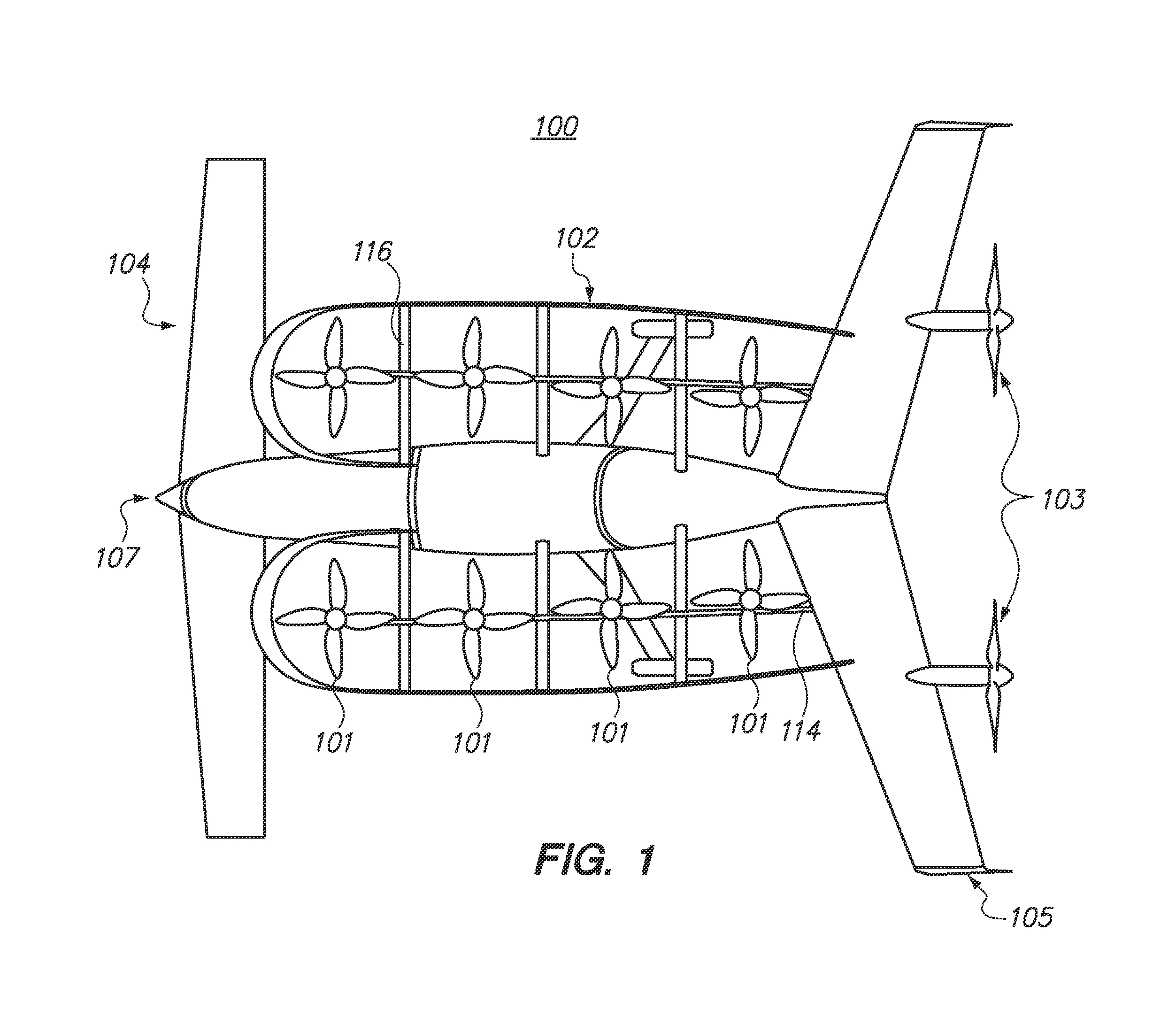 Overhead view showing the arrangement of the eight lifting engines and propellers while the two rear propellers provide thrust