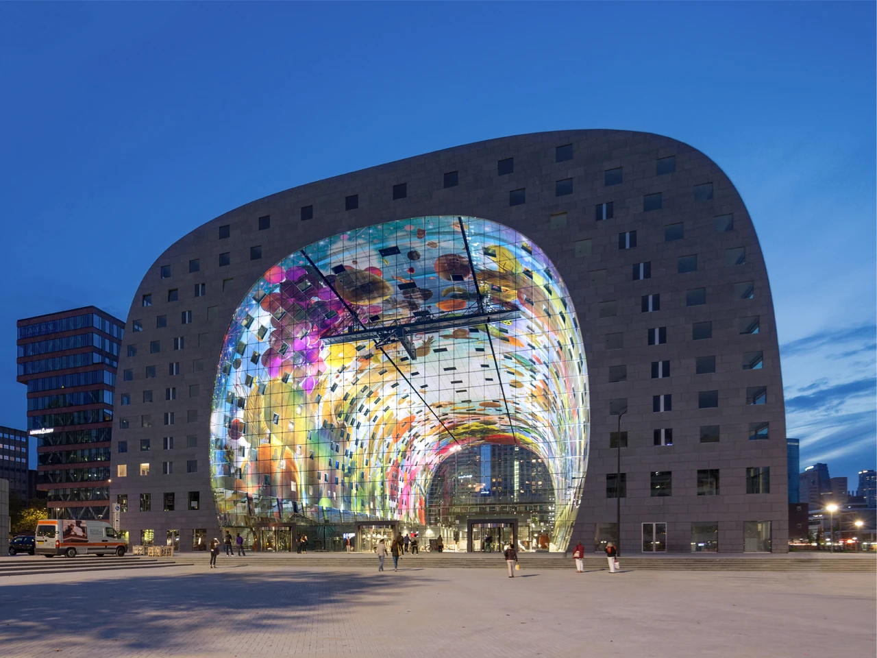 A view of the Markthal illuminated at night