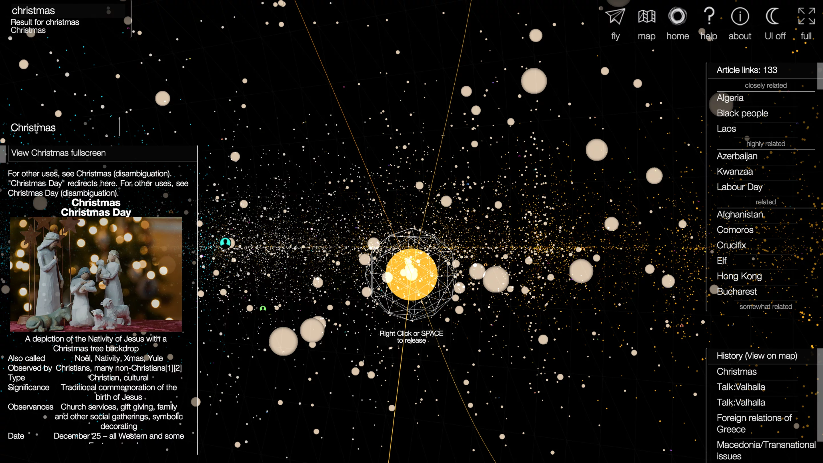The virtual galaxy of articles was created using HTML5, CS33, WebGL, jQuery and THREE.js