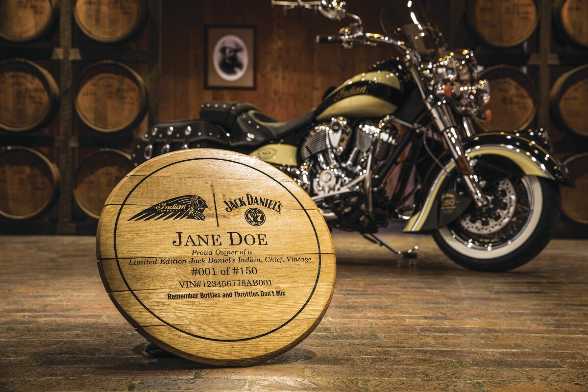 The Indian Motorcycle Company was founded in 1901 and it was a natural marketing match for it to join forces with Jack Daniel's Distillery to celebrate the 150th anniversary of Jack Daniel's in 2016. The partnership of the iconic brands created a Jack Daniel's Limited Edition Indian Chief Vintage liquor and 150 limited edition motorcycles officially titled as Jack Daniel's Limited Edition Indian Springfield motorcycles. Each bike came with its own authentic Jack Daniel's barrel top, custom inscribed with the owner's name, bike model, bike number, and the VIN. The 2016 #001 Jack Daniel's Limited Edition Indian Chief Vintage fetched $150,000, with all proceeds going to Operation Ride Home.