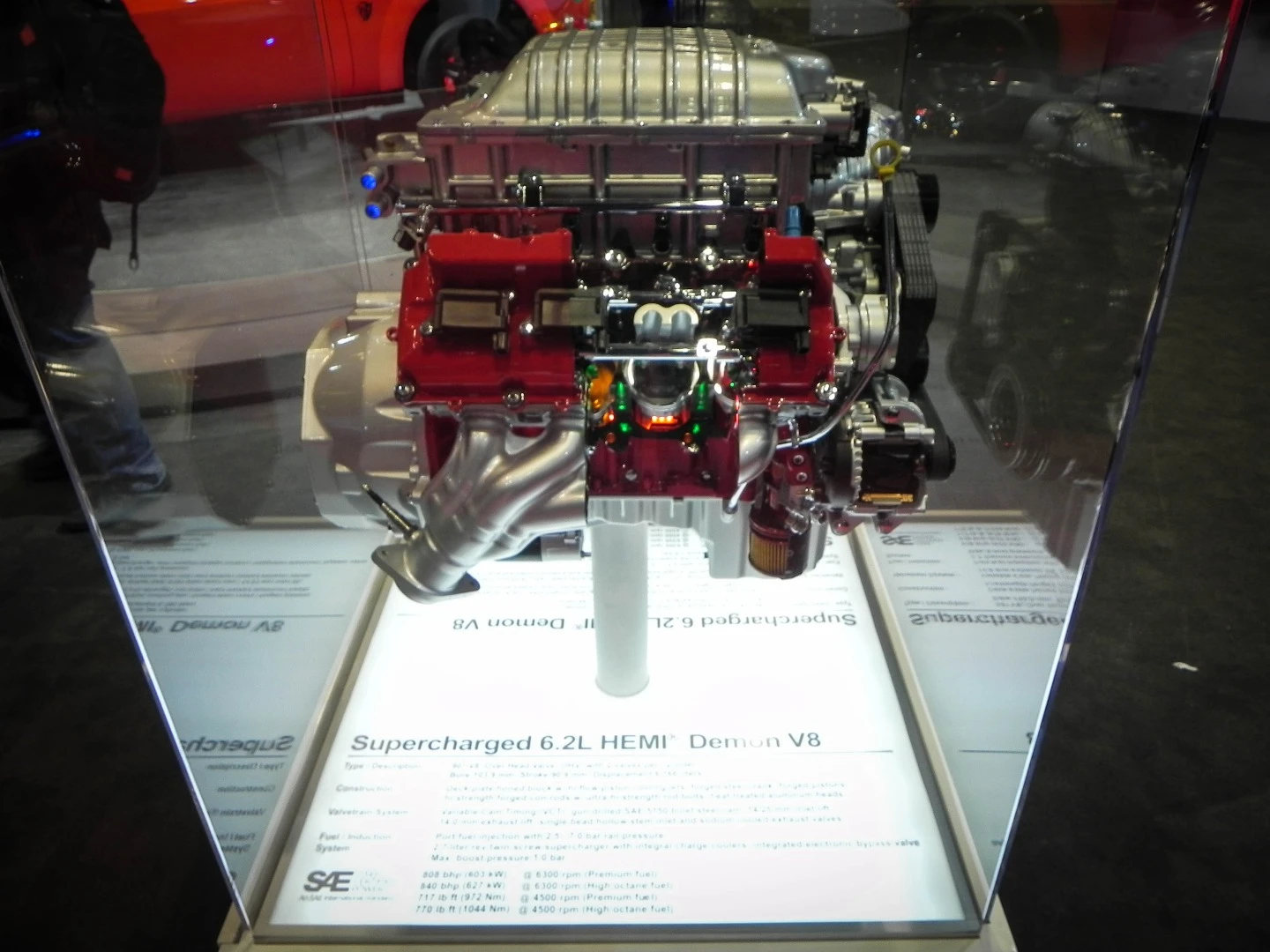 This massive engine, decked out in red, is the SRT Demon powerplant used in the Dodge Demon monster