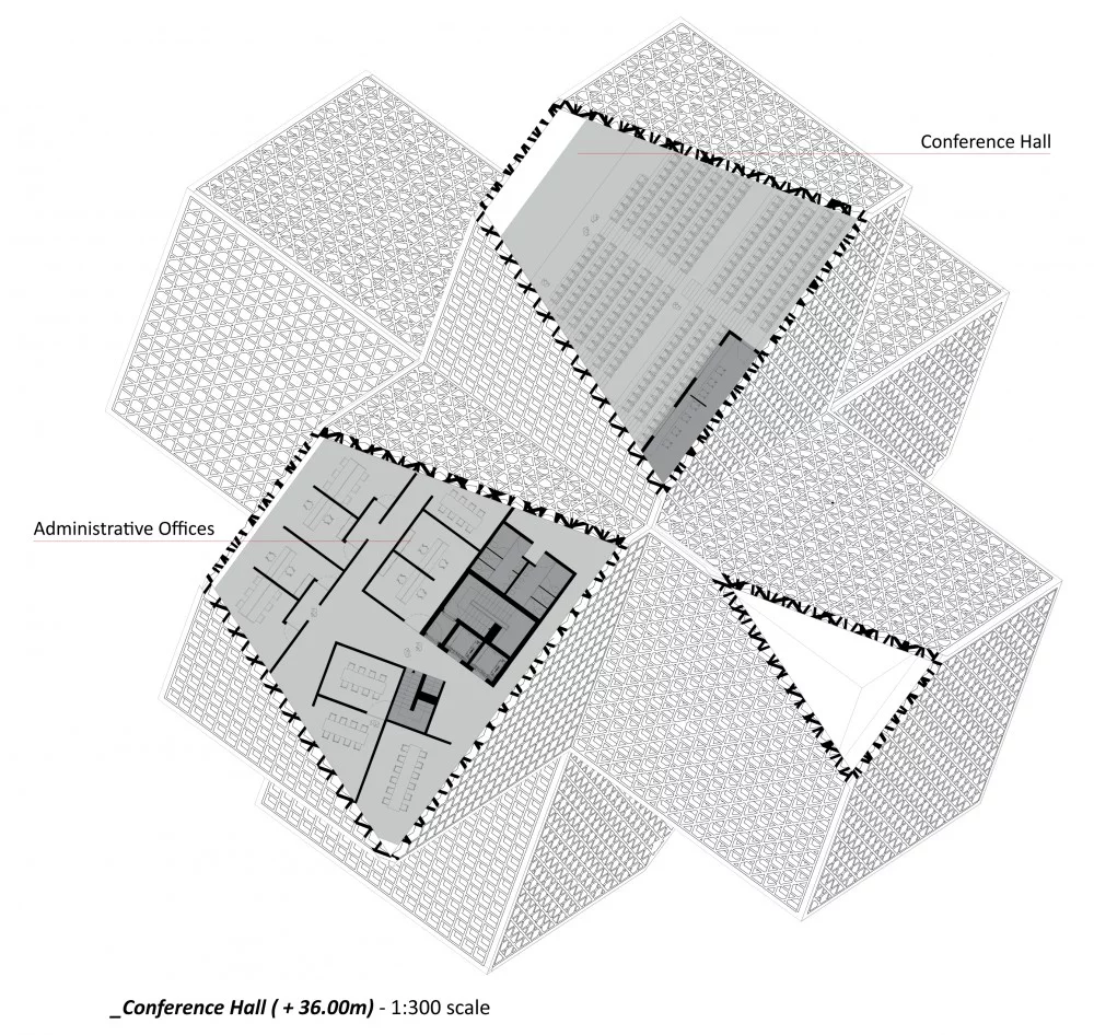 The structure's interior boasts a multi-level space that is connected through a central point (image: OODA)