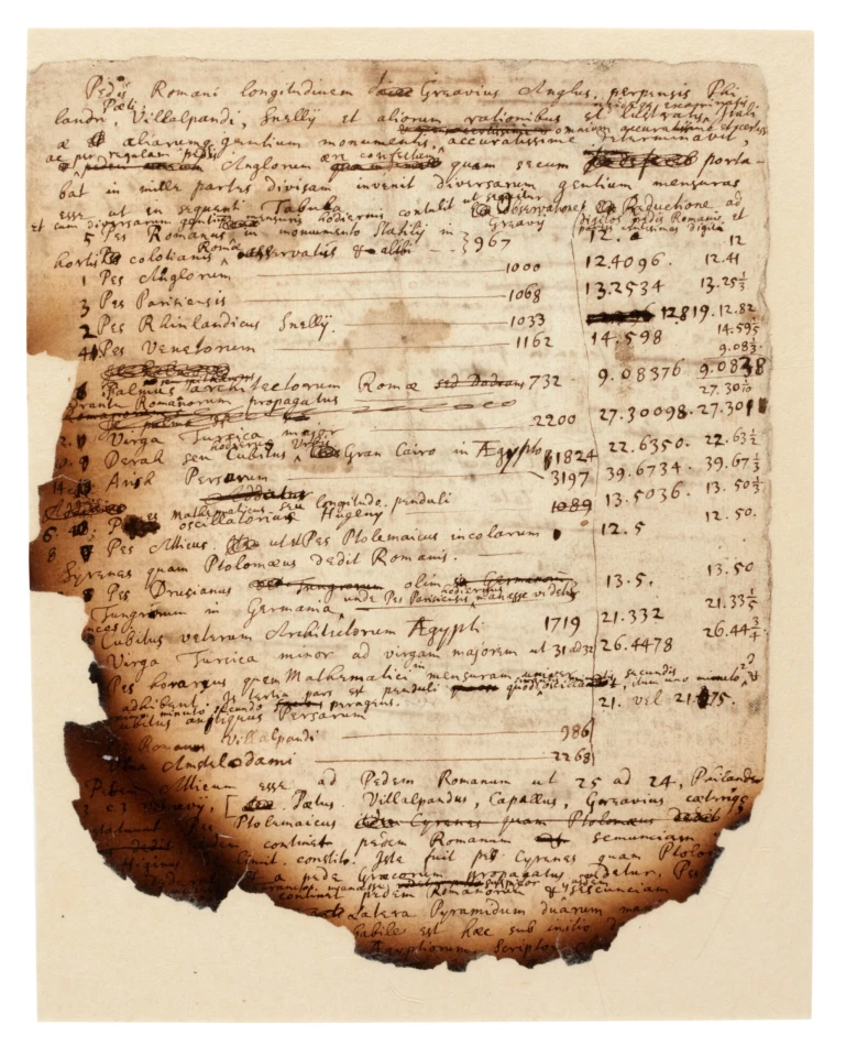 Autograph manuscript notes by Sir Isaac Newton on the Great Pyramid of Egypt, ancient units of measurement, and Biblical prophecy, probably c.1680s. Sold for $504,870 at Sotheby’s on December 8, 2020