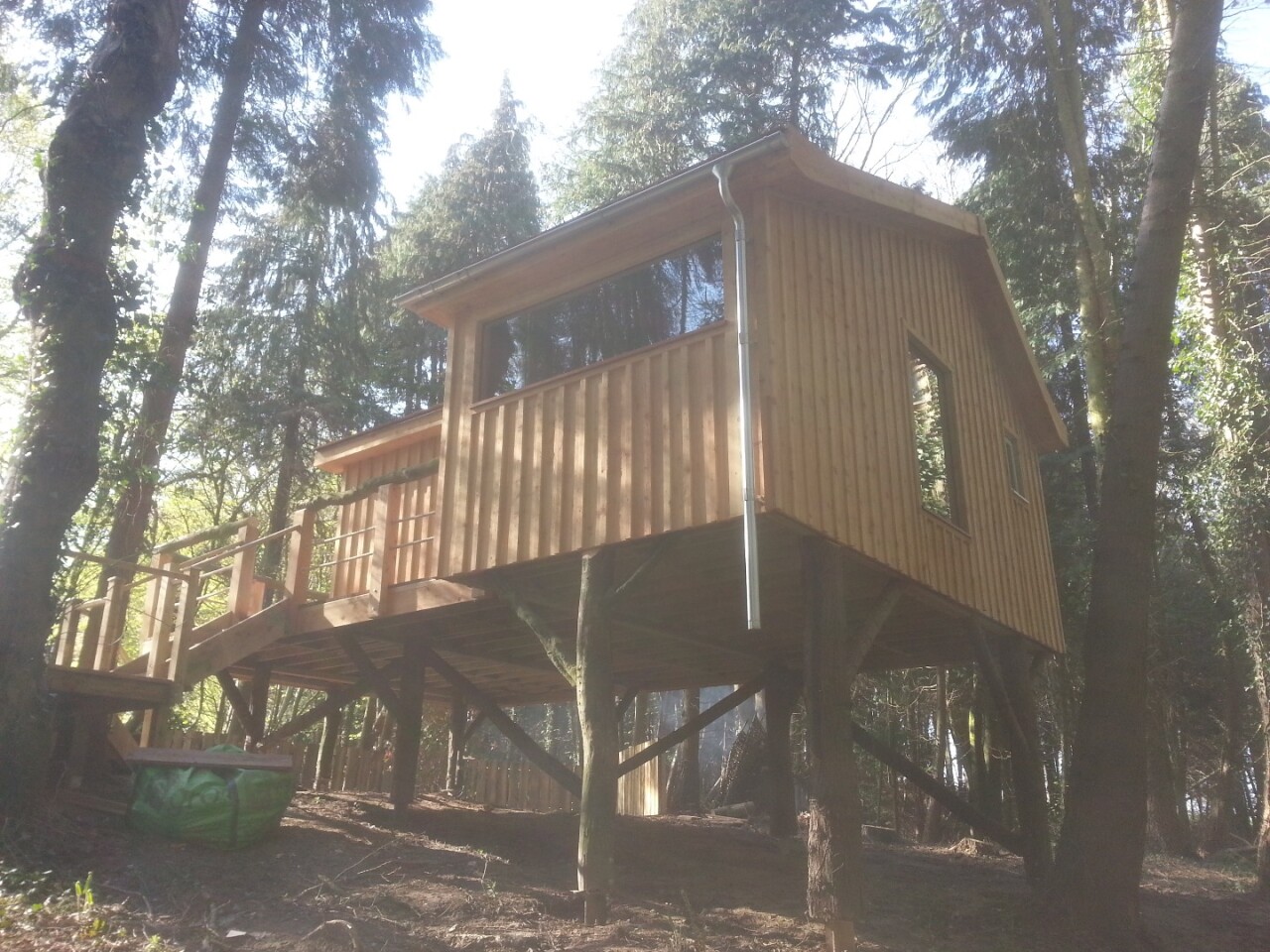 The timber-framed home rests upon several sections of tree trunk and is accessed by wooden steps