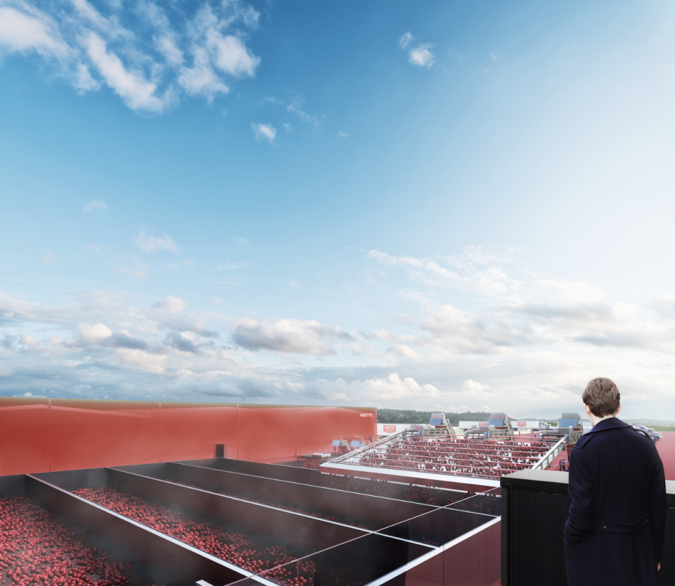 Atop the building, a public terrace will allow visitors to watch fresh tomatoes being processed