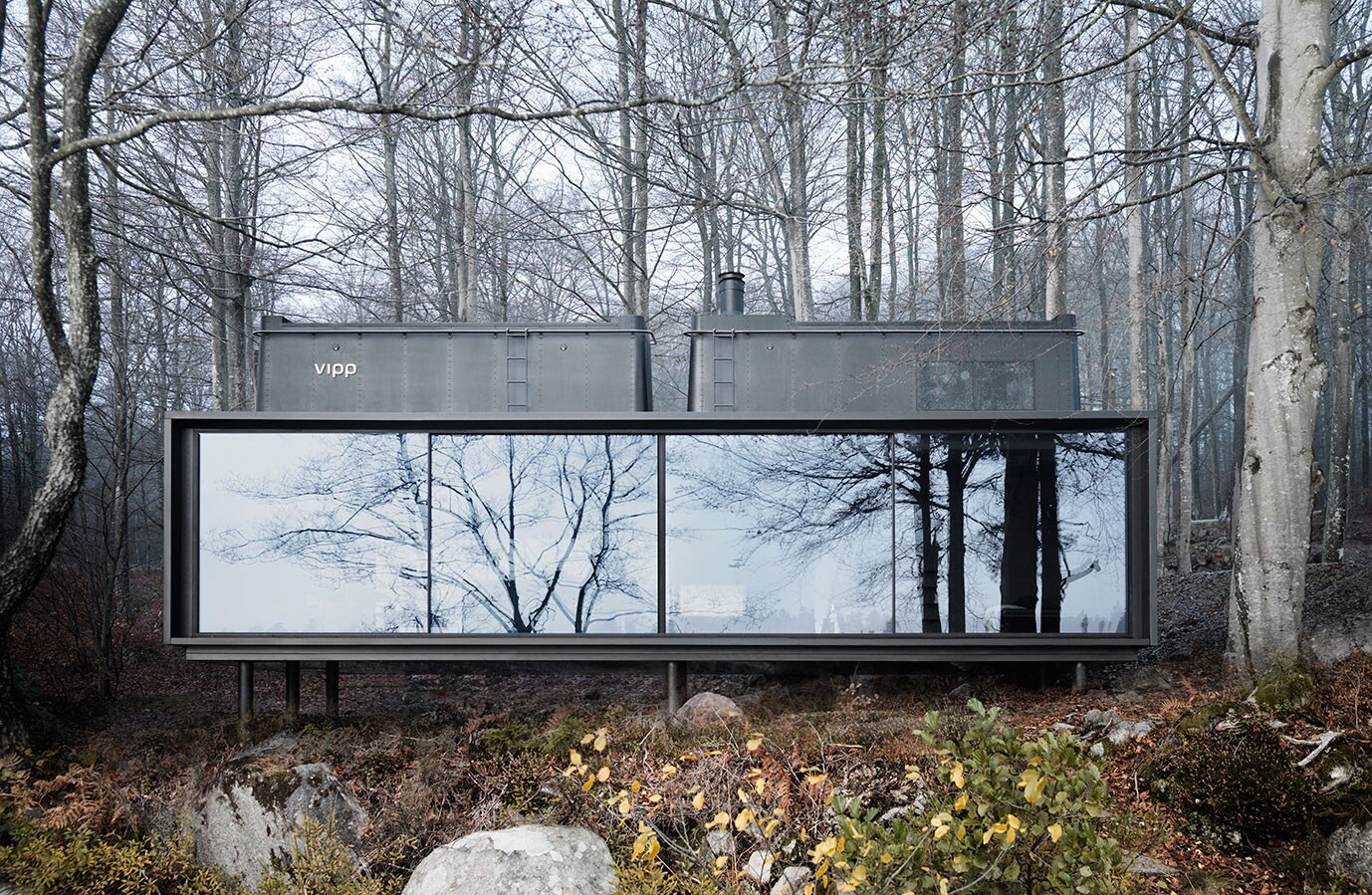 The black steel and glazed prefabricated dwelling measures 55 sq m (592 sq ft)
