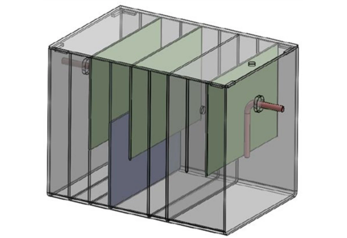 A diagram illustrating the RMIT team's advanced grease interceptor with multiple baffles to slow wastewater flow
