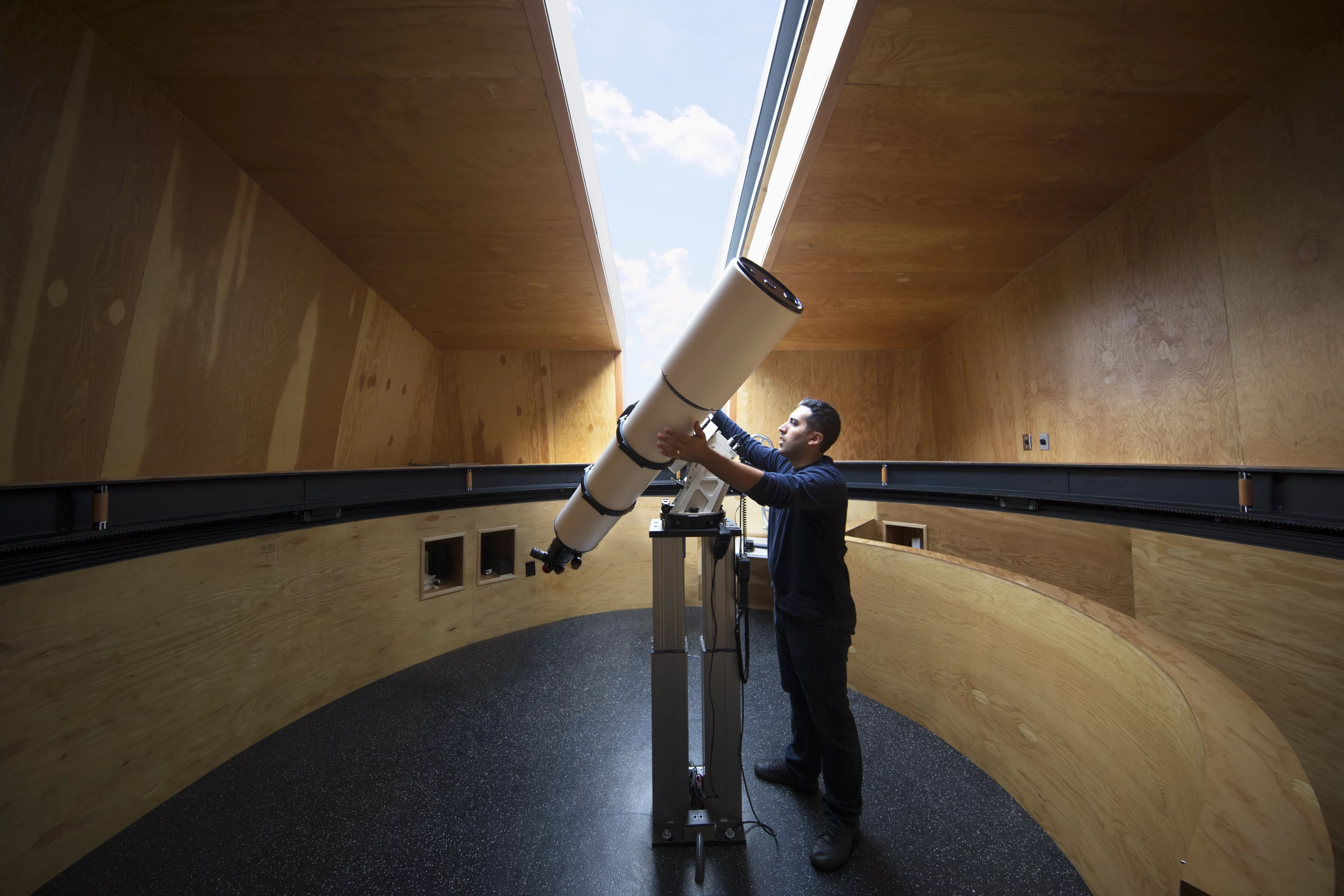 The building's interior is lined with fir plywood
