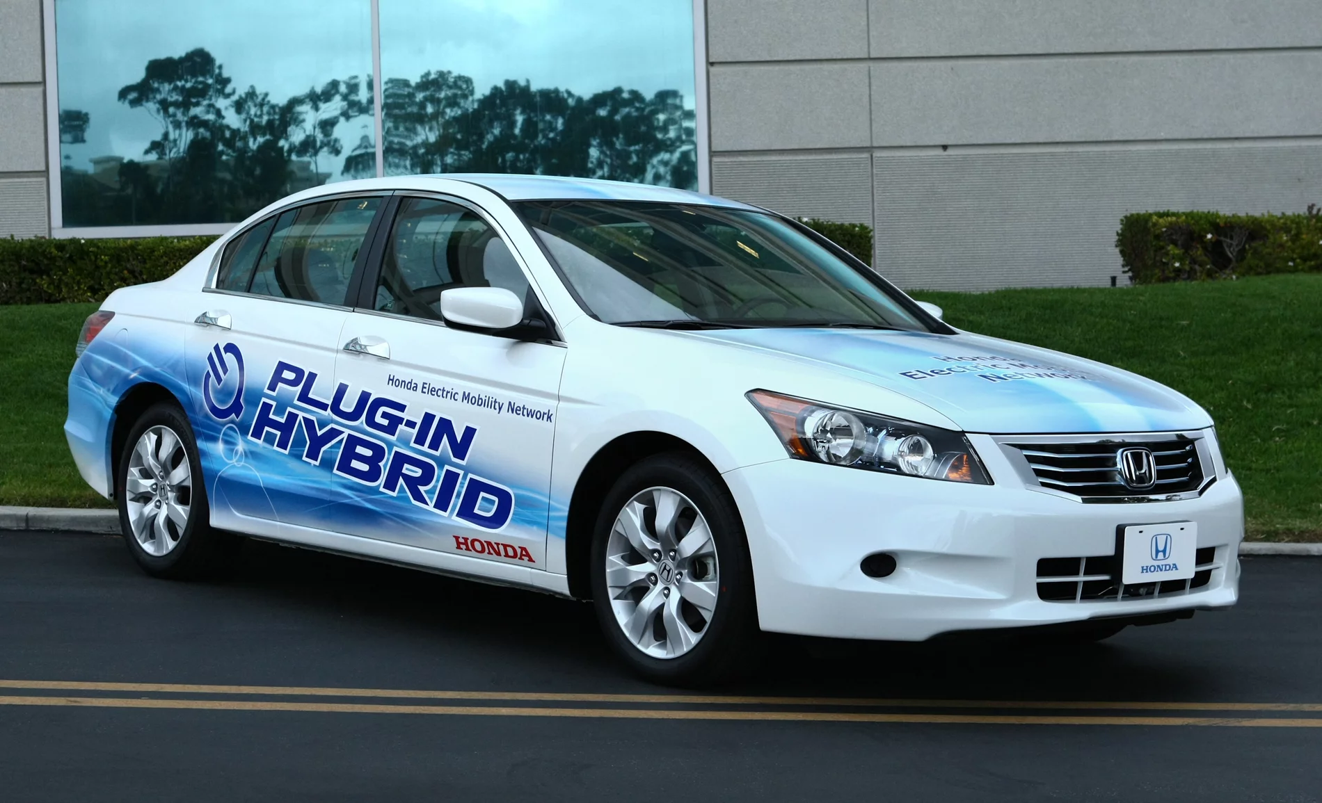 An Accord Sedan test vehicle outfitted with a new two-motor plug-in hybrid system that will be tested in Torrance, California