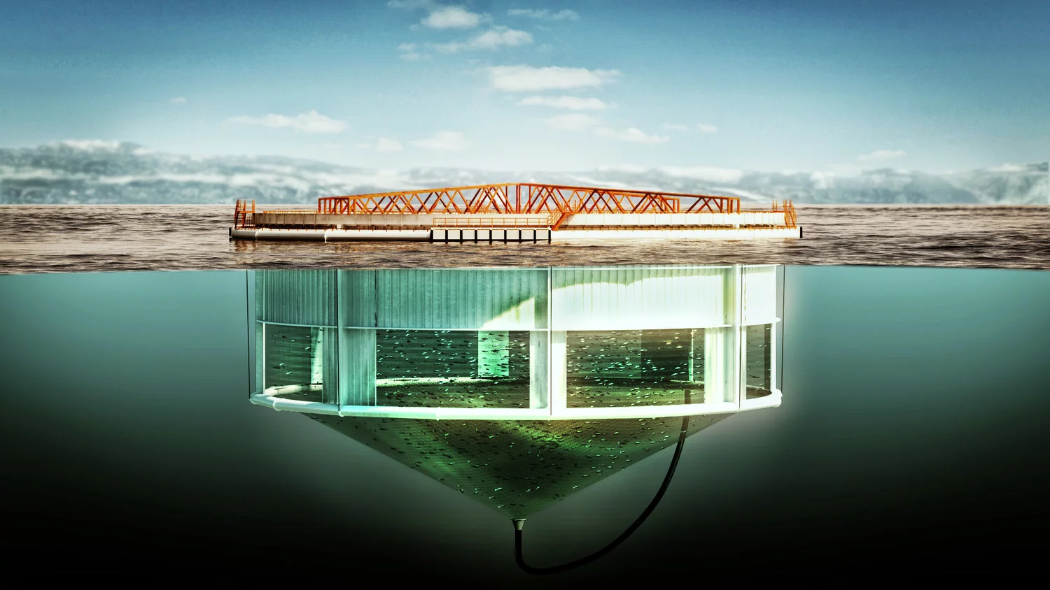 The walls of the Aquatraz salmon pen are composed of exposed netting at lower depths, but are protected by a steel skirt at the top