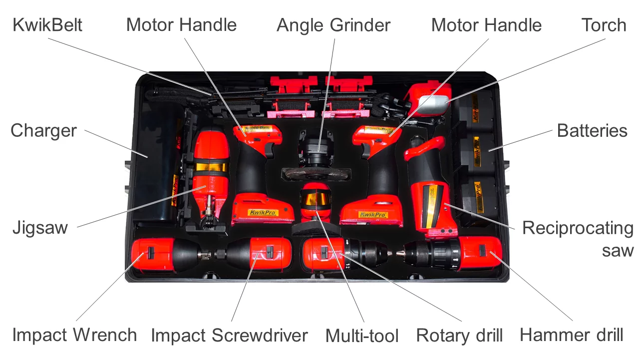 The KwikPro Gold set, with eight tool heads which make 10 complete tools