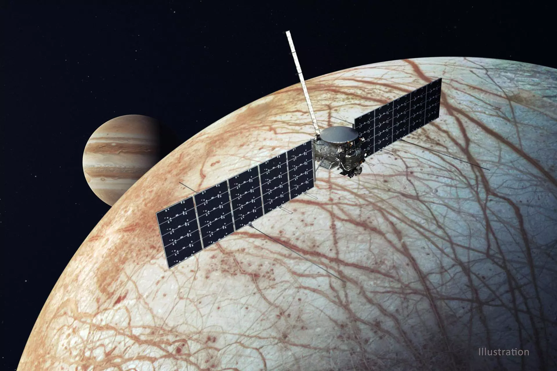 A render of Clipper in orbit around Europa