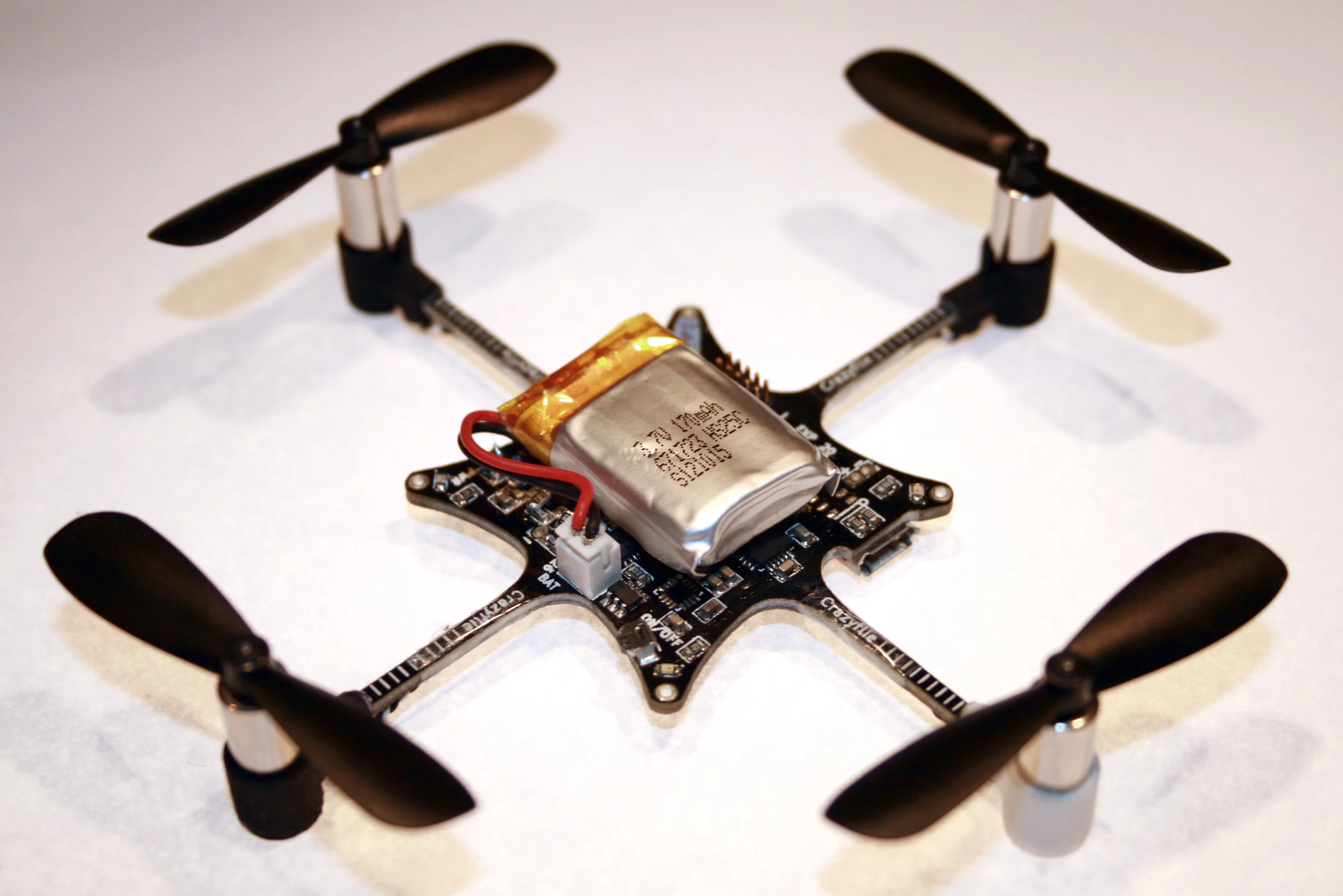 The Crazyflie is capable of up to 7 minutes of flight before its battery needs charging