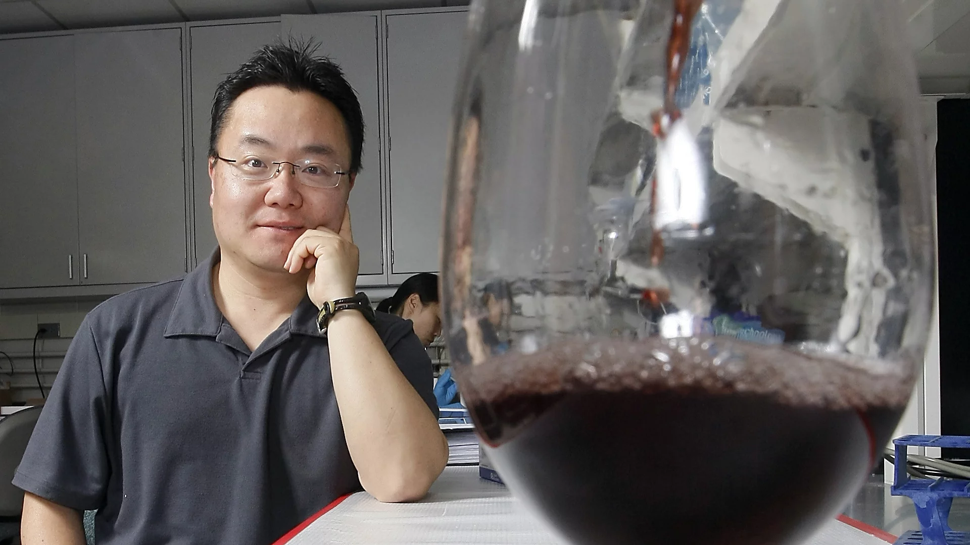 Assistant professor Kee-Hong Kim from Purdue University is testing a compound that is commonly found in red wine for its ability to block the processes of fat cell development