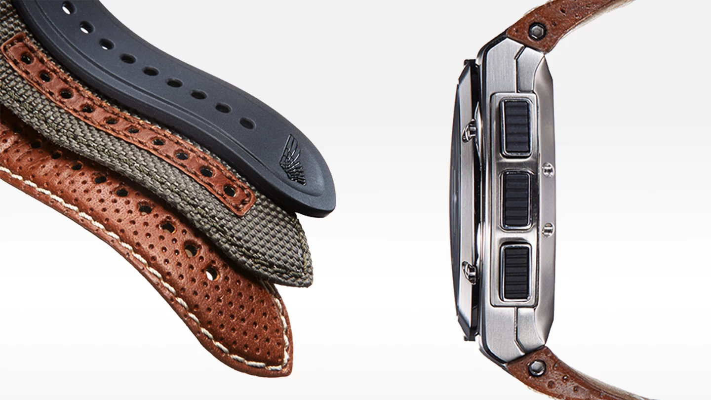 The wearable will ship with perforated brown leather, olive green nylon, and black leather straps (Image: Gilt)