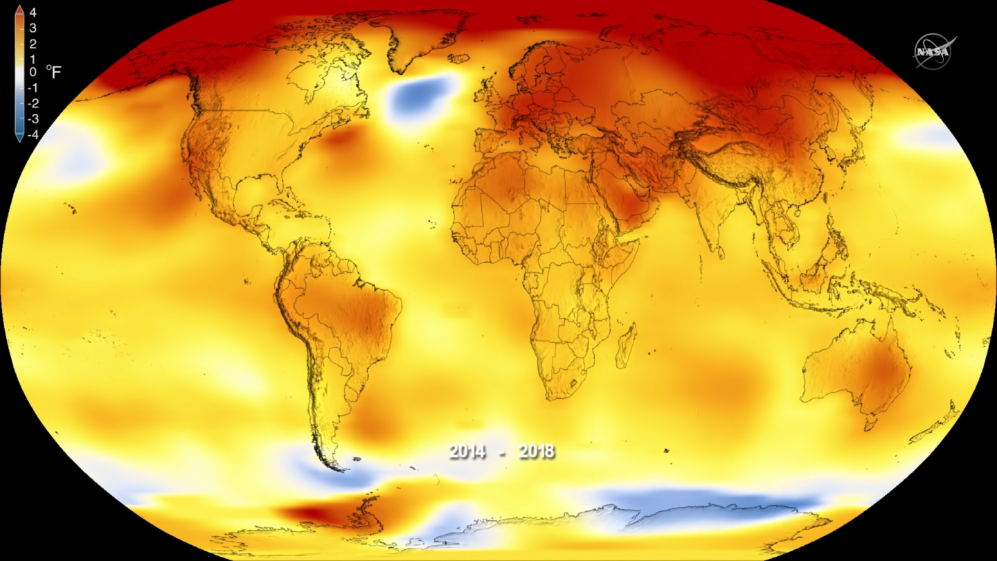 A NASA heatmap highlights the areas that have experienced the largest increases in warming over the average in the last few years