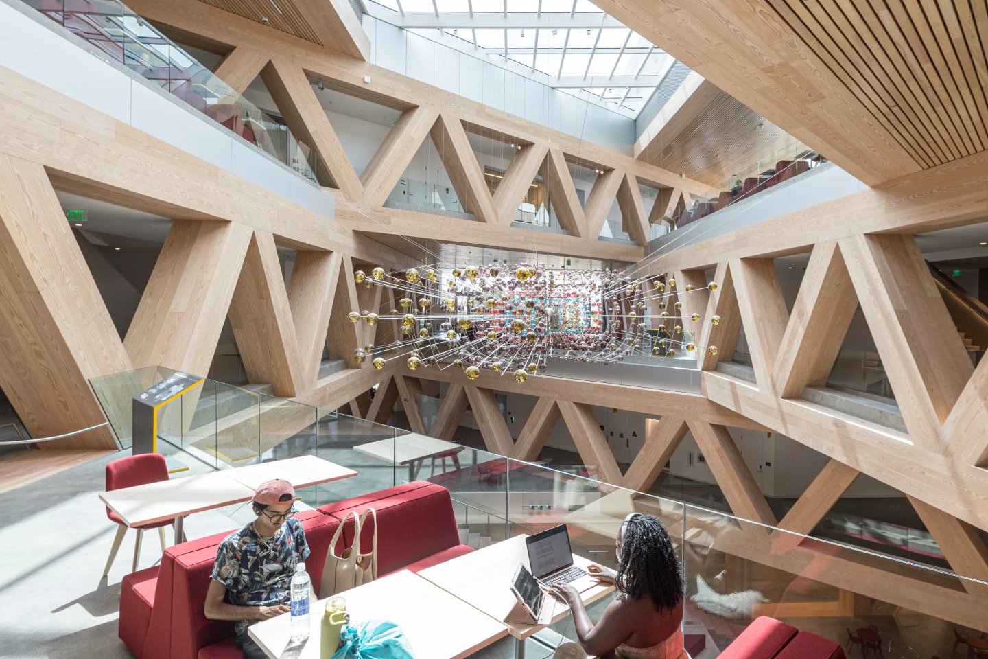 The Claremont McKenna College Robert Day Sciences Center's interior is enlivened by large Douglas fir-lined beams