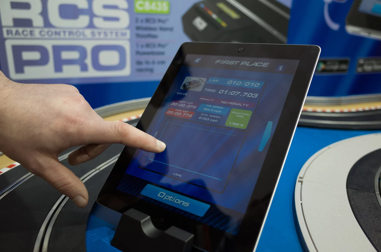 Racers using Scalextric RCS Race Control Systemcan see their top speed, lap times and live race positions