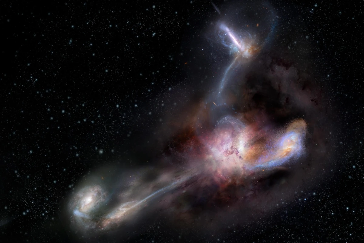 An artist's rendition of W2246-0526, the brightest-known galaxy that is cannibalizing three neighboring galaxies