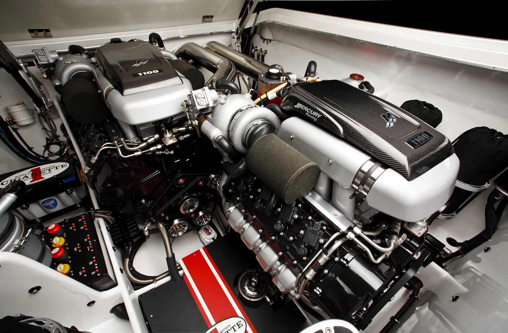 The twin 1100 bhp motors of the Cigarette 42x Ducati Edition