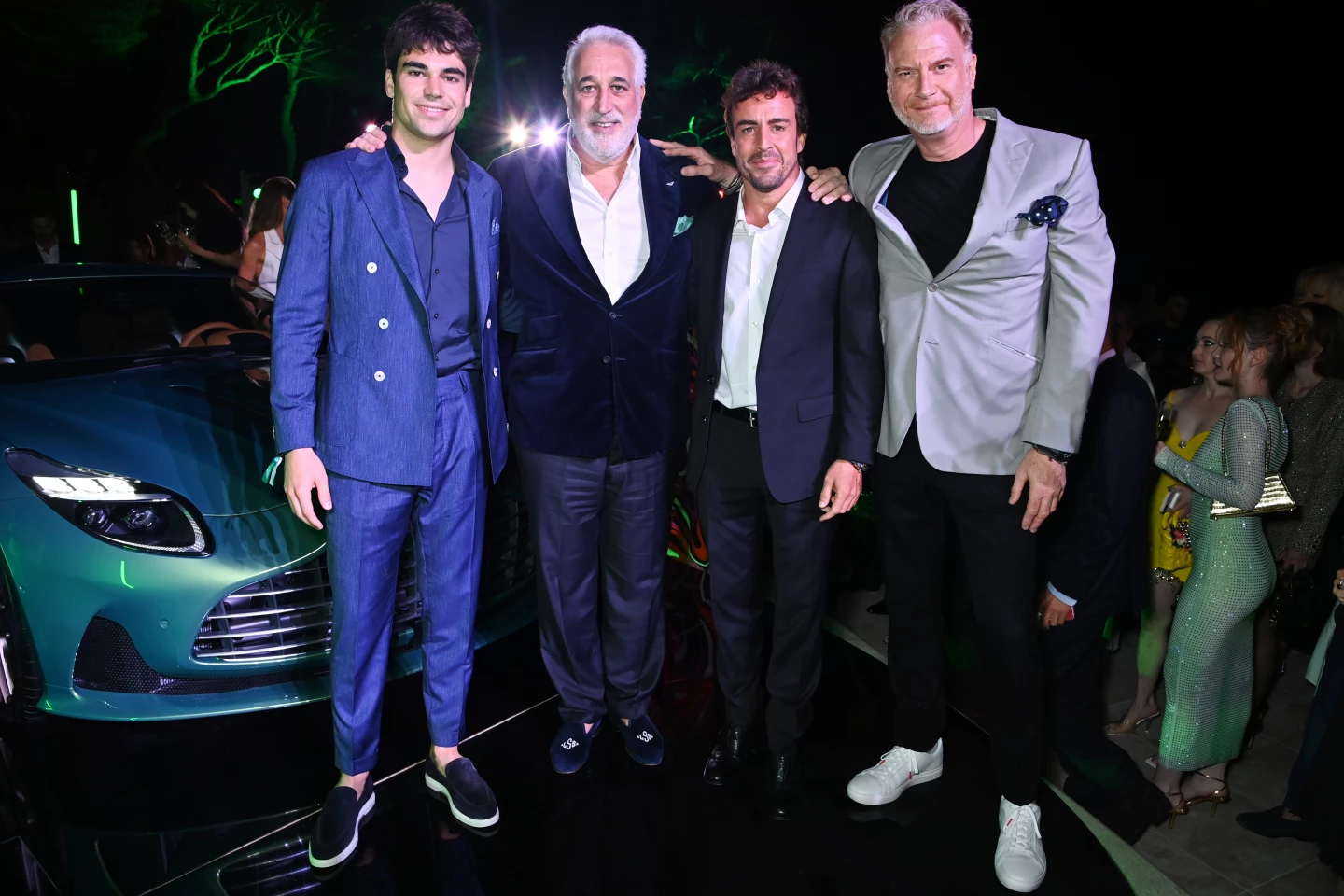 Lance Stroll, Lawrence Stroll, Fernando Alonso and Marek Reichman, Executive Vice President and Chief Creative Officer of Aston Martin