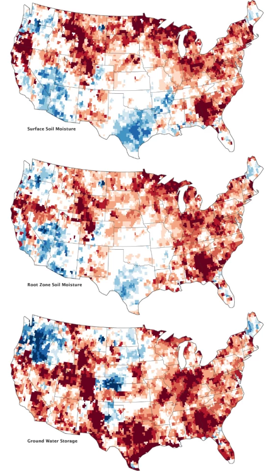 The condition of the soil and groundwater over the United States on September 17, 2012 (Image: GRACE/NASA)