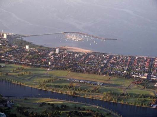 St Kilda Pier, the F1 circuit and pit complex and Albert park lake