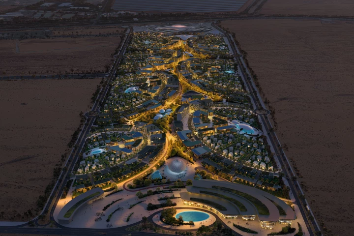 The Khalid Bin Sultan City will rise out of the Sharjah desert landscape and will be arranged around a oasis-like central park