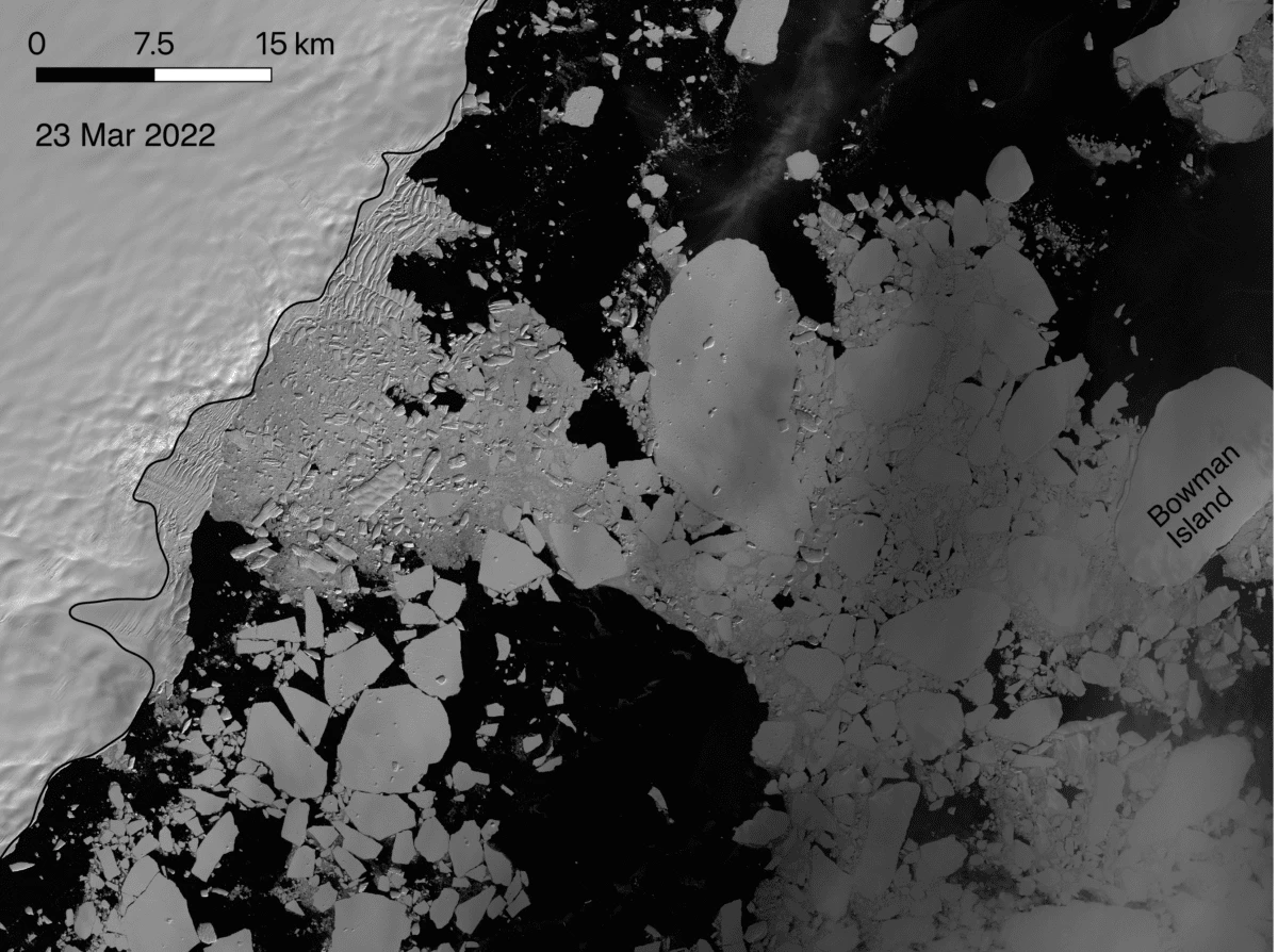 Satellite images on March 23 show the disintegration of the Conger Ice Shelf