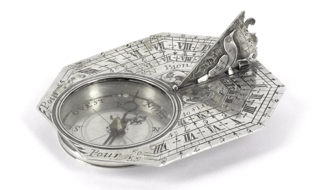 This particular Butterfield dial (circa 1685-1715) is signed by Nicolas Bion, with the dial engraved with four hour scales in Roman and Arabic numerals, and the base is engraved with twenty nine European cities and their latitudes. Bion held the position of Ingenieur du Roi for mathematical instruments (as had Butterfield) and was the Jure of the Founders' Corporation 1700-02.