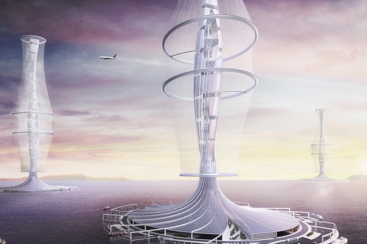 Climate Control Skyscraper, by South Korea's Kim Gyeong Jeung, Min Yeong Gi, and Yu Sang Gu, won the eVolo 2022 Skyscraper Competition. It imagines multiple towers that would convert seawater into rainclouds to address drought caused by climate change