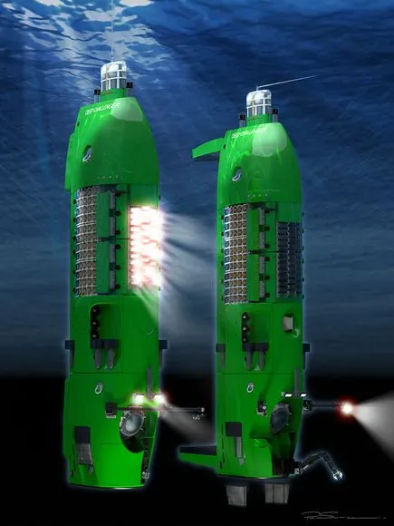 Graphic depiction of the DEEPSEA CHALLENGER illustrates the vehicle's different lighting set-ups, including LED panel(Photo: Acheron Project Pty. Ltd./National Geographic)