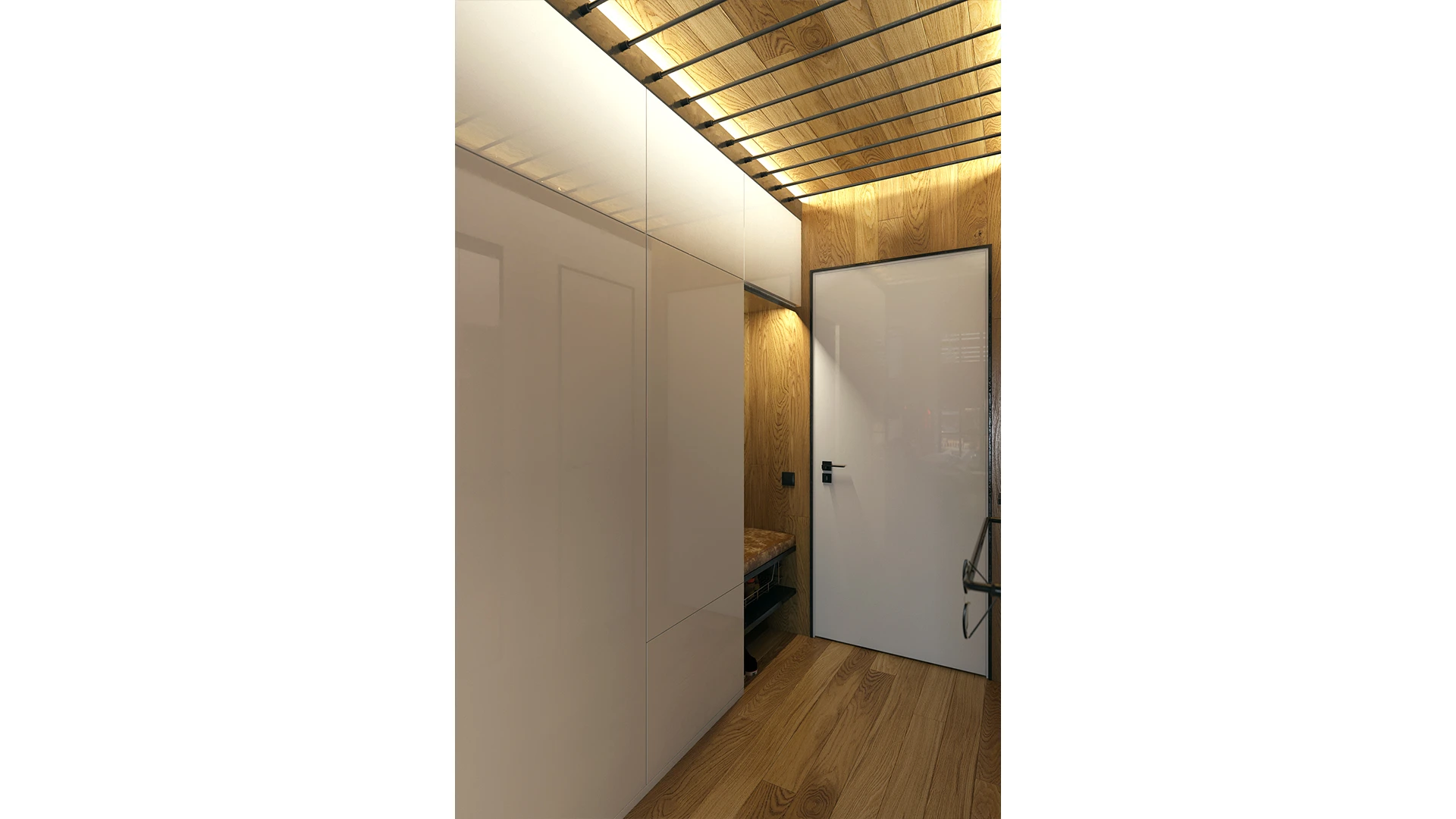 The entrance features large white gloss floor to ceiling storage/wardrobe space and a full length mirror