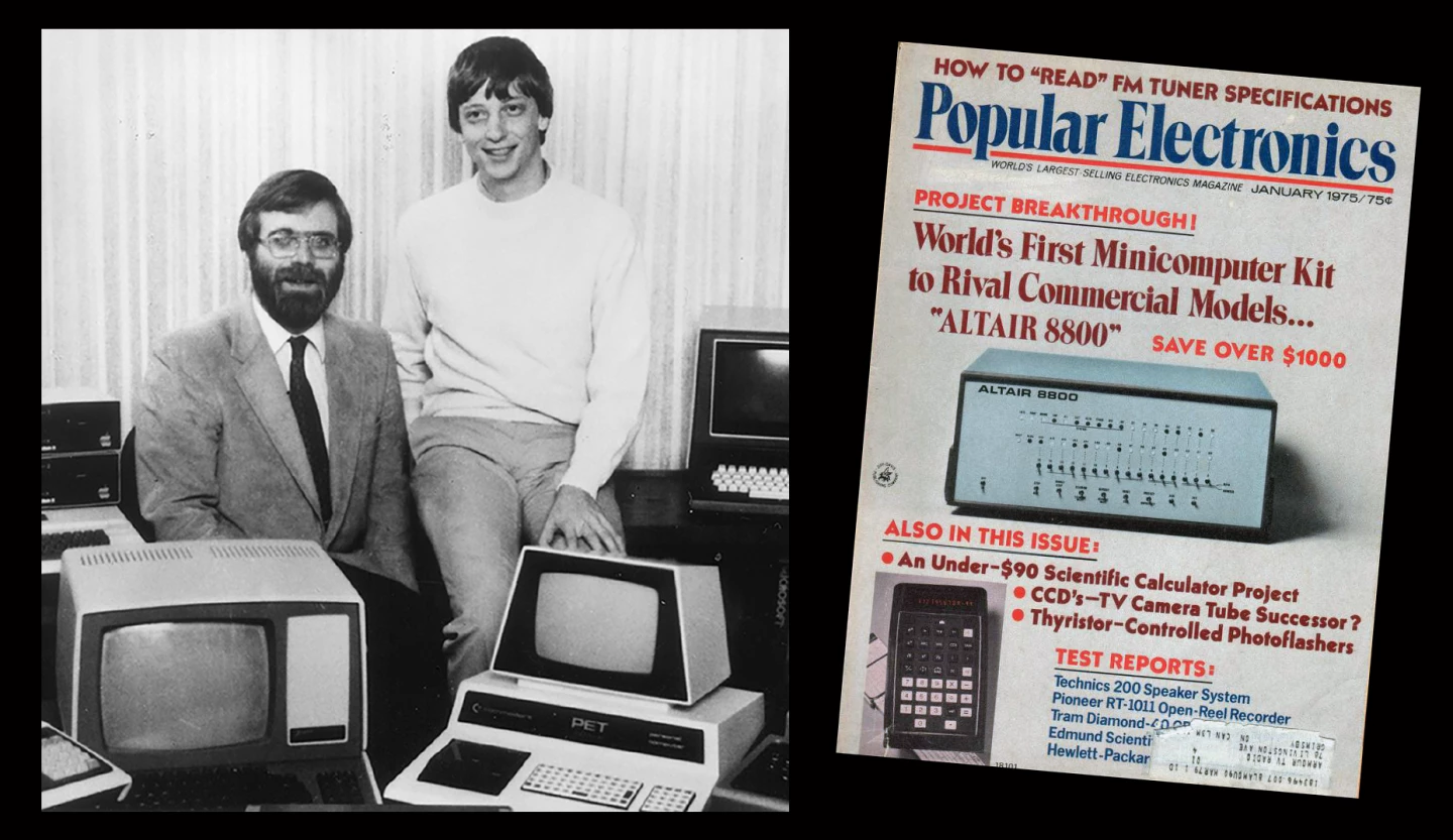 Paul Allen and Bill Gates circa 1982 and the front cover of Popular Electronics which helped catalyze the personal computer industry