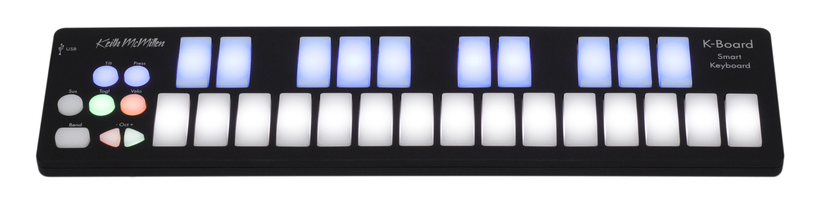 The K-Board features an LED-backlit nano keyboard with touch-sensitive "smart" fabric under each of its 25 playable keys