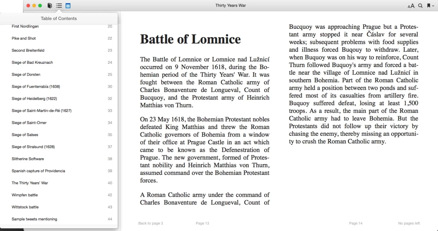 These are example pages from a PageKicker-generated ebook called Thirty Years War