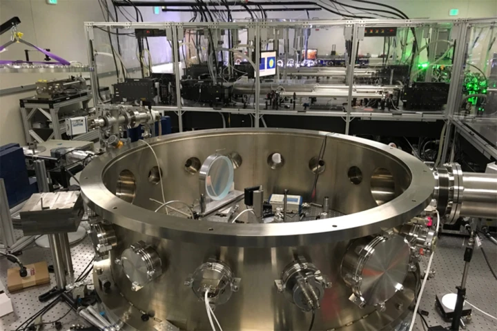 The target chamber can be seen in the front of this image of the lab at CSU, while the high-powered laser lurks in the background