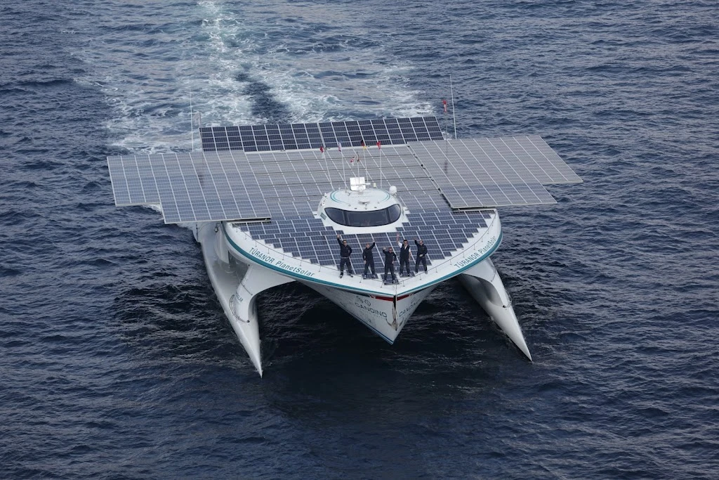 The TURANOR PlanetSolar, as it enters Monaco's Hercule Harbor
