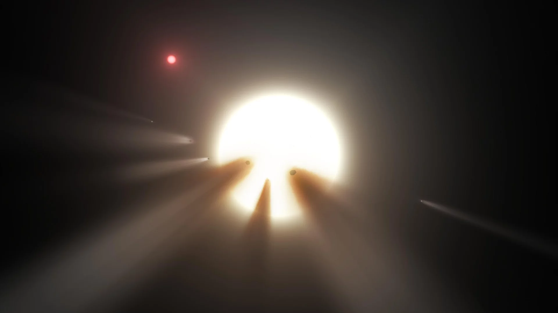 An artist's impression of a swarm of comets dimming "Tabby's Star" – an explanation that has been ruled out for the newly described star, EPIC 249706694