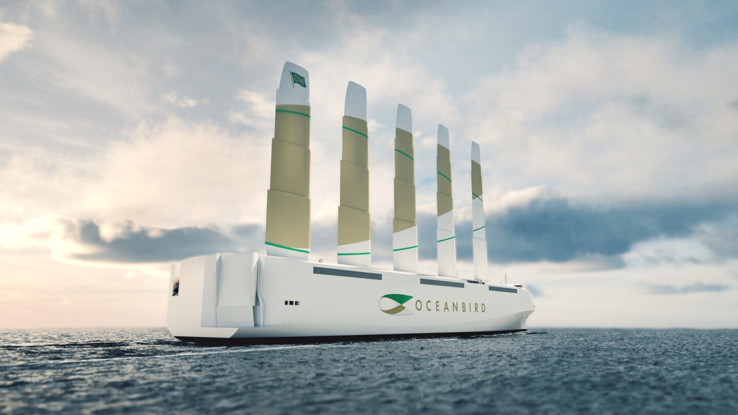 The Oceanbird promises to use its five giant 80-meter retractable wingsails to reduce cargo shipping emissions by as much as 90 percent