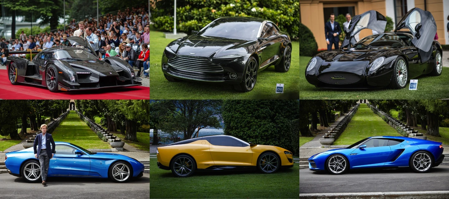 Clockwise from top left: : the Scuderia Cameron Glickenhaus SCG003C, the Aston Martin DBX Concept, the Zagato Mostro, the Lamborghini Asterion LPI 910-4, the Magna Mila Plus, and the Berlinetta Touring Lusso.