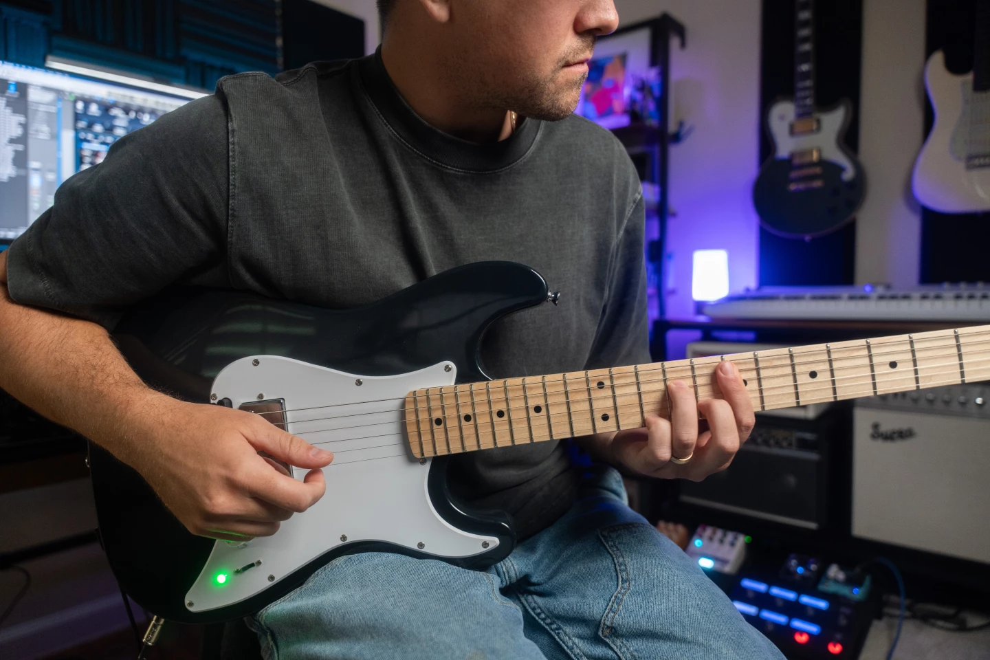 The Jamstik Core's hexaphonic pickup tracks individual strings for real-time onboard MIDI processing