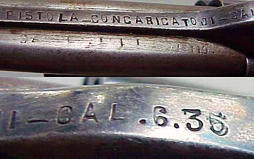 Markings on the triple-barrel revolver identify it as a Pistola con Caricato in 6.35mm. Caricato is an Italian word meaning either stuffed or caricature. Either could apply to this handgun (Photo: Horst Held)