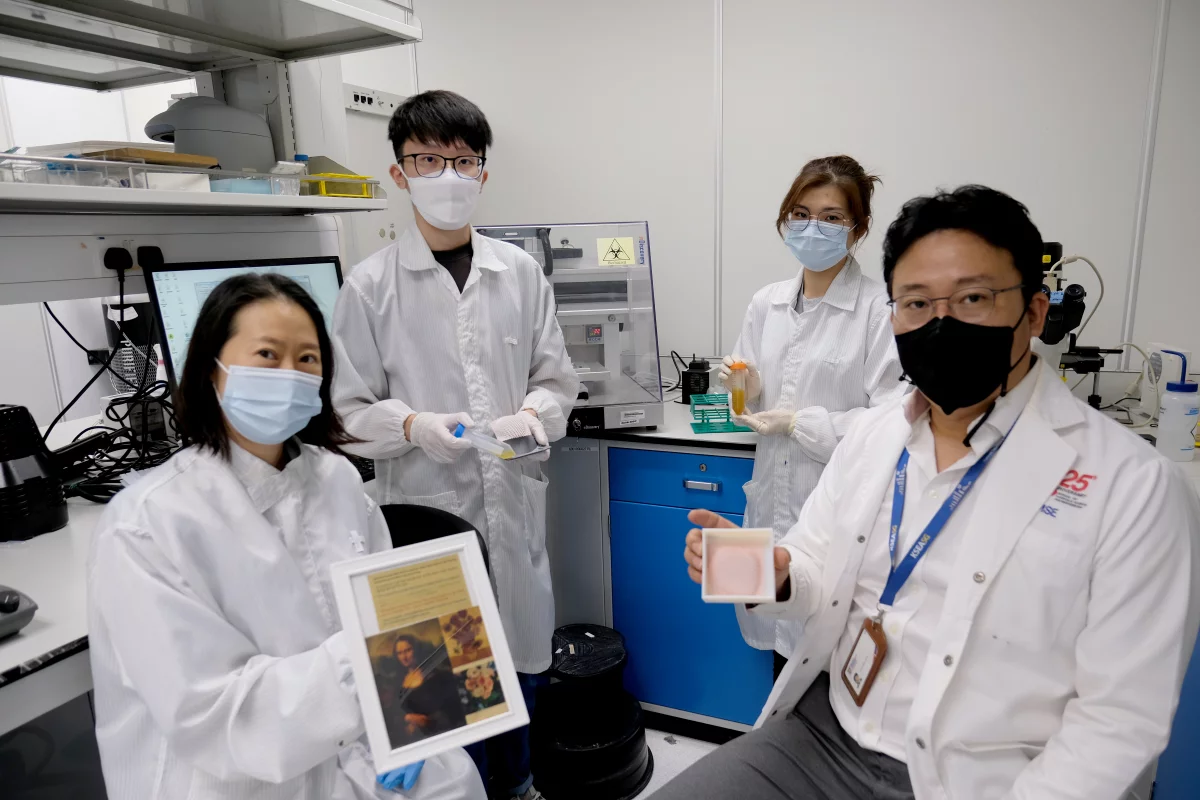 The research team, with tubes of the bio-ink (rear)