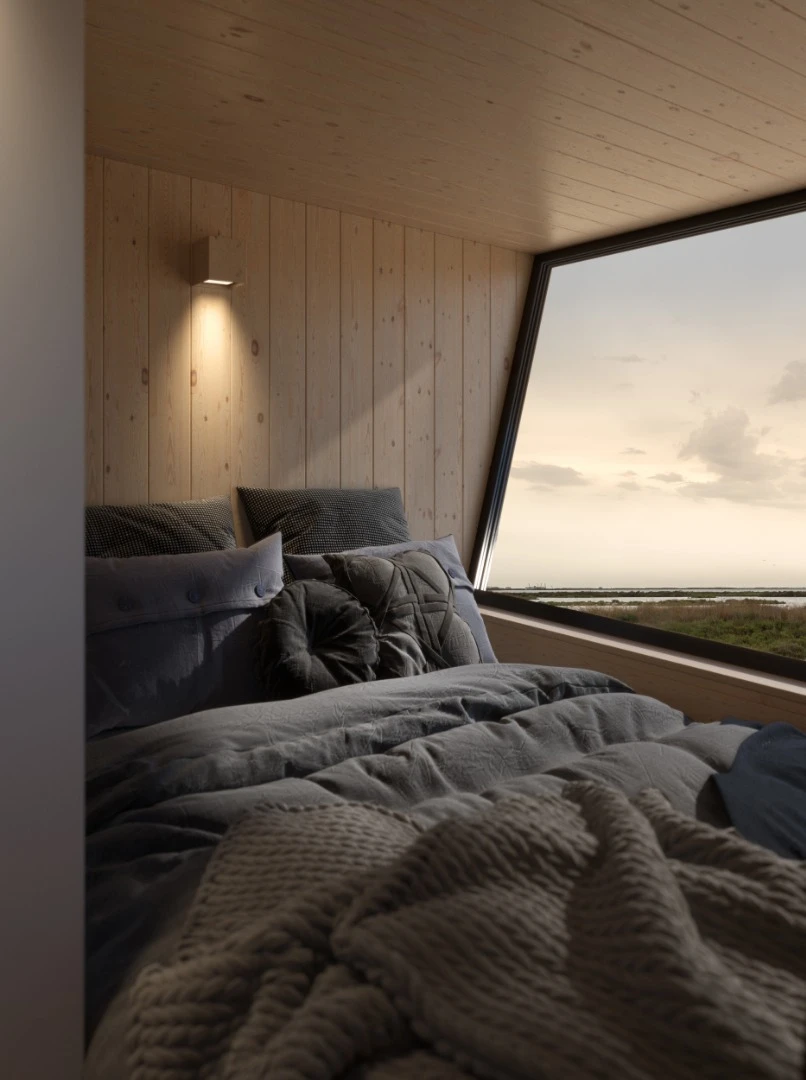 Master bedroom sleeps two adults and boasts this panoramic window